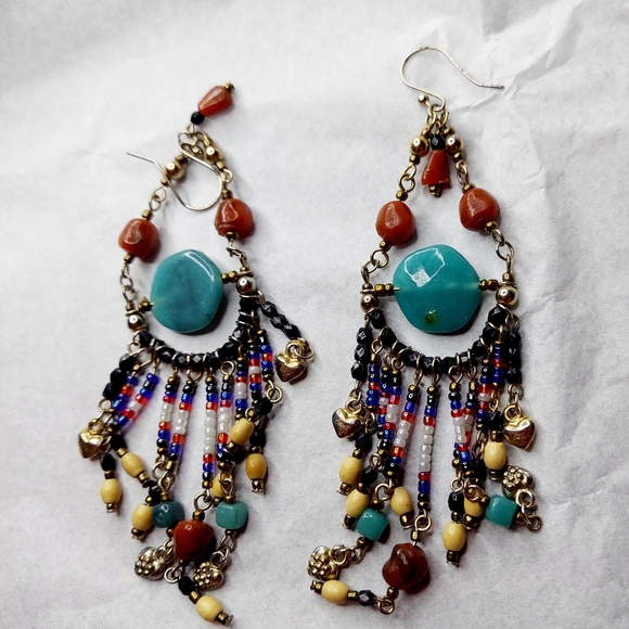 Boho Artisan Long Drop Earrings Stone Wood Glass 5" Long - Picture 5 of 5